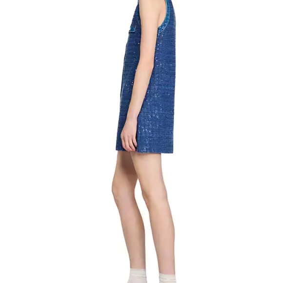 NWT Sandro Denim Glittering Tweed-effect Trapeze Dress Sleeveless Size 36 Small - Picture 5 of 11